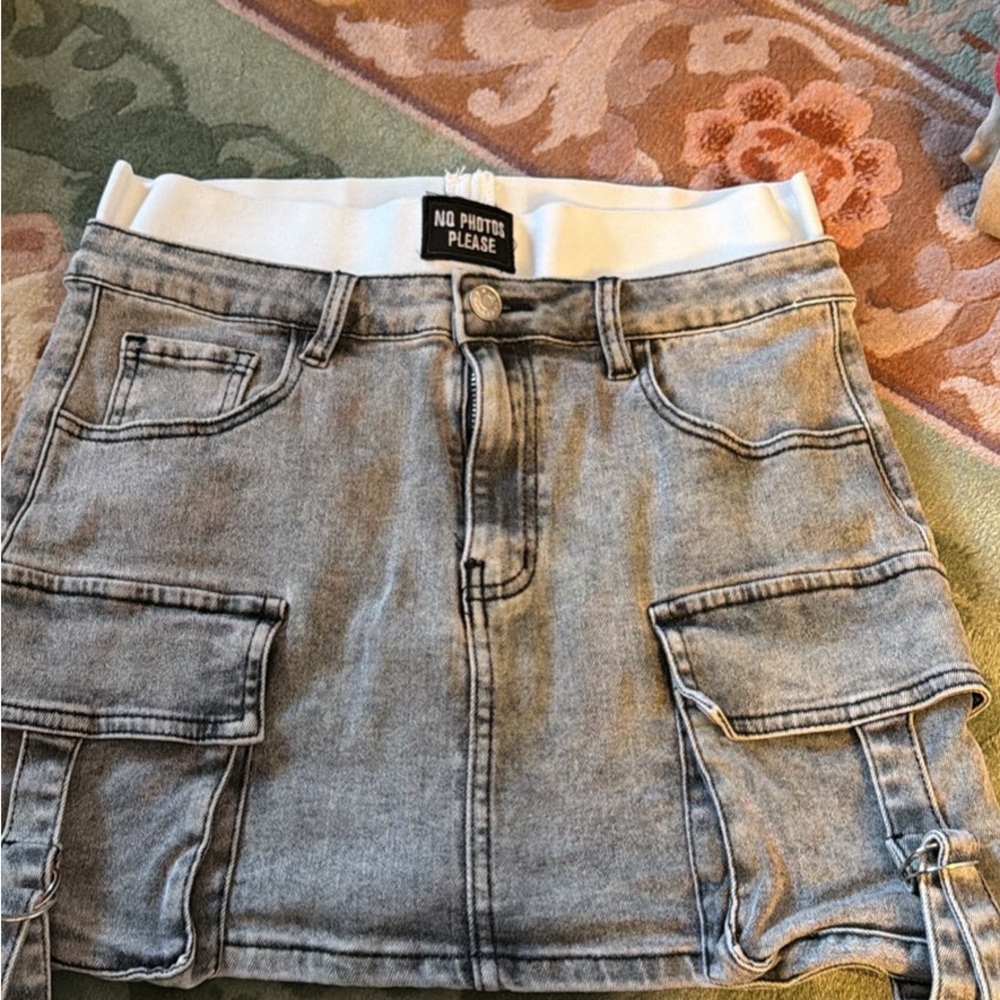 AKIRA Grey Denim Cargo Skirt with White Elastic Waistband